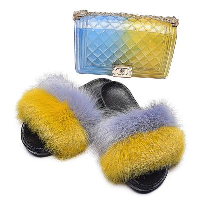 China Wholesale China Fur Two Colors Faux Fur Slippers Slides Sandals And Purse Furry Fluffy Sets For Women for sale