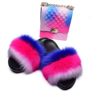 China High Quality Cheap Faux Fur Furry Colors Fluffy Slides And Fluffy Slippers Bags Set For Women for sale