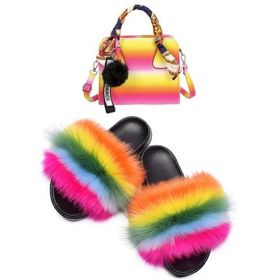 China Wholesale High Quality China Furry Faux Fur Rainbow Slippers Slides And Purse Hairy Fluffy Set For Women Ladies for sale