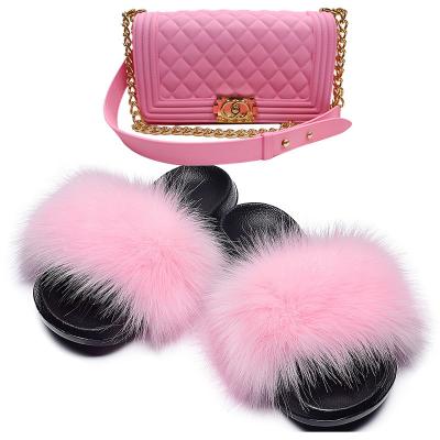 China Fur 2022 winter pink mule faux fur furr slider hairy fluffy slides with purse set for women ladies for sale