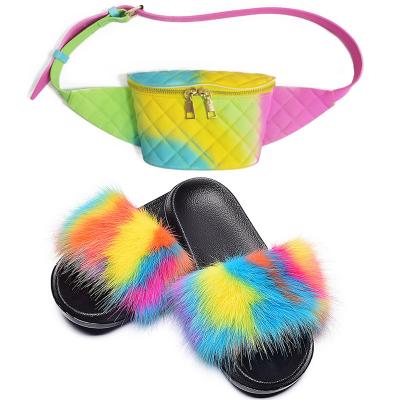 China 2022 Fur Fashion Custom Logo Multi Colored Faux Fur Furry Fluffy Fuzzy Slippers Slips Sandals With Pussy Pack Set For Women for sale