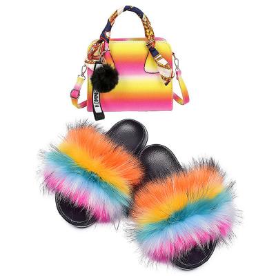 China 2022 High Quality Faux Fur Fur Rainbow Plush Hairy Slippers Slips Sandals and Bags for Women Ladies for sale