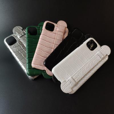 China Anti-drop free sample crocodile embossed leather phone case with handle for iphone 12 pro max case back cover for sale