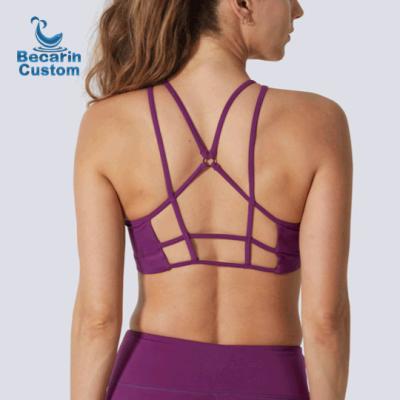 China Antibacterial Custom Active Purple Multi Strap Sports Bra Women Wear Top Manufacturer Neck for sale