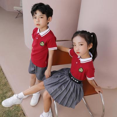 China Kindergarten OEM Boys and Girls Summer Two-Piece Uniform Set Custom Design Polo Shirts and Border Primary Children Kid School Uniforms for sale