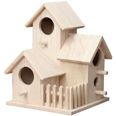 China Custom Wholesale Outdoor Garden Aviary Four Holes Nest Bird Cage Wooden House Wooden Decorative Breathable Natural Wood Logo for sale