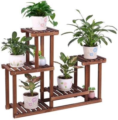 China Eco-friendly Wooden Plant Rack Indoor Outdoor Multi Layer Flower Shelf Rack Higher And Lower Plant Rack for sale