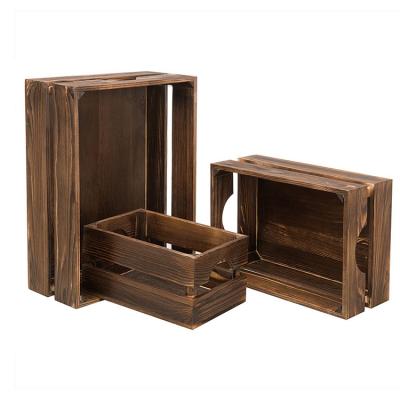 China Eco-friendly vintage box set of 3 nature style wooden brown nesting crates with handle for sale