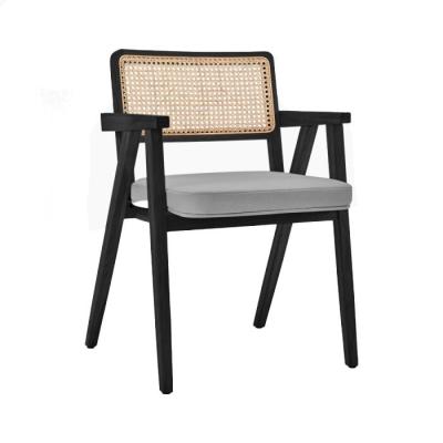 China Black Wood And Cane Dining Chair Stackable Retro Rattan Wood Armchair for sale