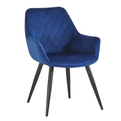 China Velvet Blue Upholstered Dining Chairs With Black Metal Legs for sale