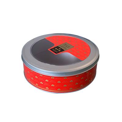 China Recycled Materials Printed Round Metal Slippery Tin Box Tin Can With Clear Window Lid For Biscuit Biscuit Packaging for sale