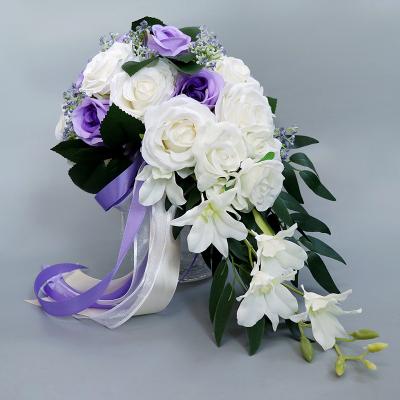 China Rose Flowers Bunch Artificial Wedding custom made wholesale handmade flowers bridal bouquet with ribbons cascade for sale