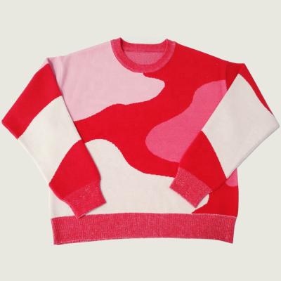 China custom logo women anti-wrinkle OEM ODM fall winter multicolor color block knit custom knitted jacquard pullover ladies top pullover sweater for sale