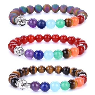 China CLASSIC Plated Natural Gemstone Lava Energy Beads Buddha Head 7 Chakra Yoga Charm Energy Beaded Bracelets for sale