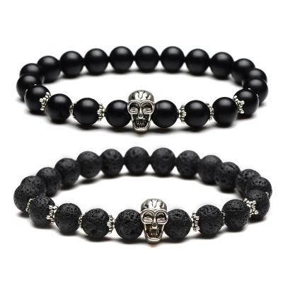 China Natural fashion CLASSIC punk Lava Rock Matte Black Agate stone hip-hop skull beaded bracelets charm for sale