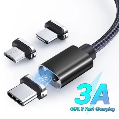 China Data Tansmission 1M 3A QC3.0 Fast Rotating Magnetic Charging Cable 3 In 1 Micro USB Charging Cables For Micro I Type C Phones Products for sale