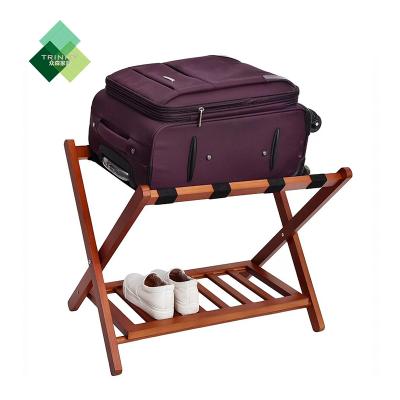 China Customized Modern High End Solid Wood Hotel Folding Foldable Antique Luggage Rack With Shelf for sale