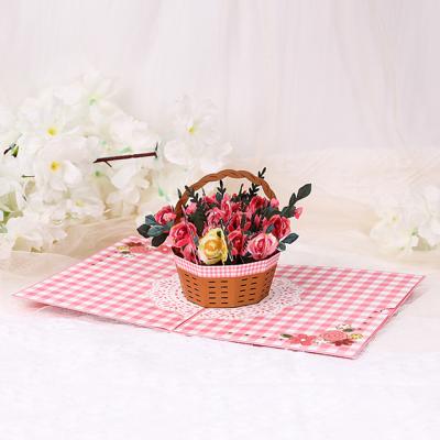 China Europe 3d Pink Rose Flower Basket Pop Cards for sale