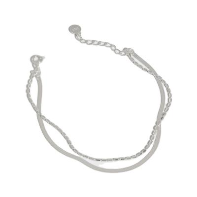 China Stylish PUSHI 925 Sterling Silver Flat Snake and Barrel Shape Chain Double Layers Bracelet for Girls for sale