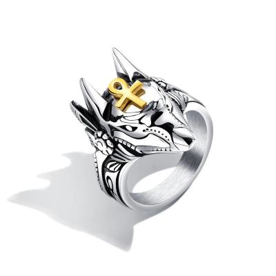 China Factory Wholesale Custom 316l Stainless Steel FASHIONABLE Mens Cross Ring Anubis Egypt Wolf Head Demon Claw Charm Punk Jewelry Rings for sale