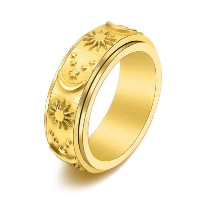 China Stocked Couple Stainless Steel Jewelry Classic Sun Moon Star Zircon Love Spinner Worry Gold Plated Rotatable Finger Ring for sale