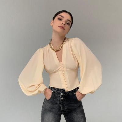 China 2022 Chiffon Spring Chiffon Shirt Ladies Puff Sexy Casual Upper Elegant V-Neck Button Office Women's Long Sleeve Anti-Pilling Blouse for sale