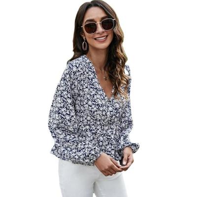 China Early Summer New Arrival Breathable Lantern Sleeve Bottoming Shirt Beach Floral V-Neck Floral Print Ladies Chiffon Top Shirt for sale