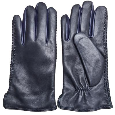 China Contrast color windproof genuine leather gloves for ladies and men with 100% wool for sale