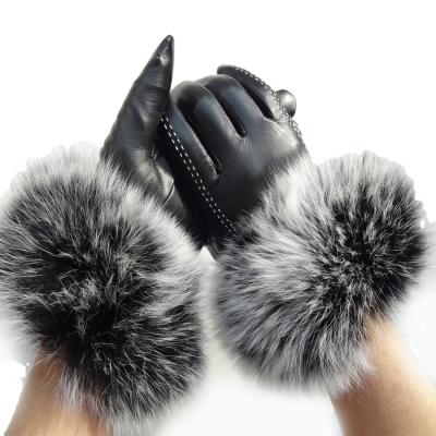 China Factory Direct Custom Touch Screen New Warm Winter Fox Fur Female Wool Scratching Real Leather Gloves Fur Gloves Sheepskin for sale