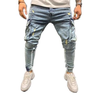 China Sustainable Factory Wholesale Custom Embroidery Striped Men Jeans Vintage Blue Denim Joggers Men Cargo Pockets Tape Jeans For Men for sale