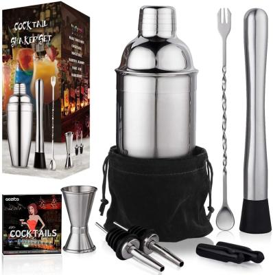 China Amazon Sustainable Custom 4 Piece Cocktail Shaker Set With Accessories Barware Drink Shaker Built-In Strainer 24 Ounce Bar Tool Kit Recipes for sale