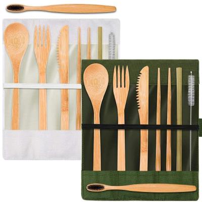 China Sustainable Kids Travel Utensils Royal Luxury Bamboo Cutlery Set with Cotton Pouch, Spoons Forks Knifes Chopsticks Straws and Clean Brushes for sale