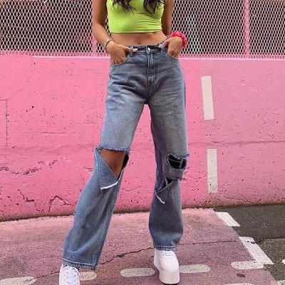 China 2022 Hot Selling Breathable Women Ripped Jeans Casual Straight Pants Big Hole Hollow Cowboy High-Waist Denim Slim Ladies Ripped Pants for sale