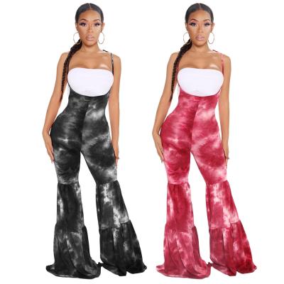 China Breathable 2021 New Arrivals Fashion Women Casual Drawstring High Waist Suspender Pants Tie Dye Flared Pants for sale