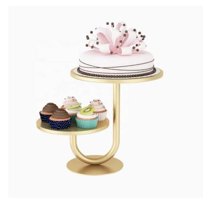 China European Creative Disposable 2 Tier Gold Metal Round Cake Stand Cupcake Dish For Party for sale