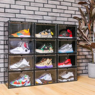 China Factory Wholesale Stocked Space Saving Rectangle Shoe Box Stacking Transparent Portable Foldable Display Shoe Container for sale