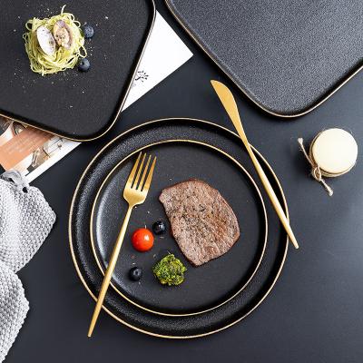 China Stocked High End Western Restaurant Dishes Serving Dish Square Round Black Matte Porcelain Dinner Dishes Set for sale