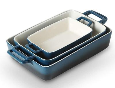 China Stocked Rectangle Ceramic Microwave Safe Mold Fancy Blue Nonstick Bakeware With Two Handle for sale