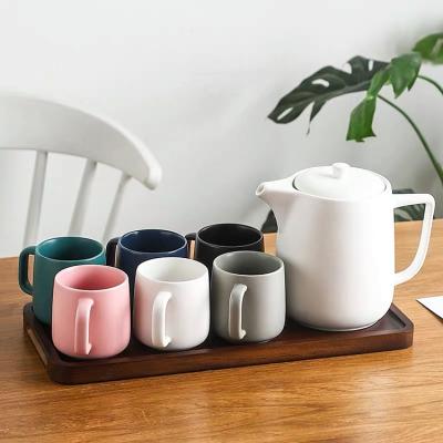 China Wholesale Cheap Viable Large Capacity Luxury Matte Tea Set Coffee Porcelain Coffee Tea Set 6 Pcs Ceramic Teapot and Cup Set for sale