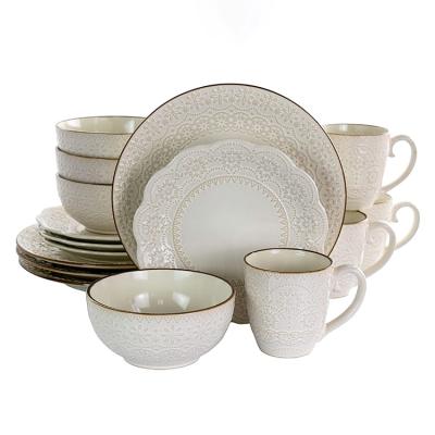 China Durable Retro Dinner Serving Dish Bowl Set Cream Embossed Unique Ceramic Dinner Set Service for 4 for sale