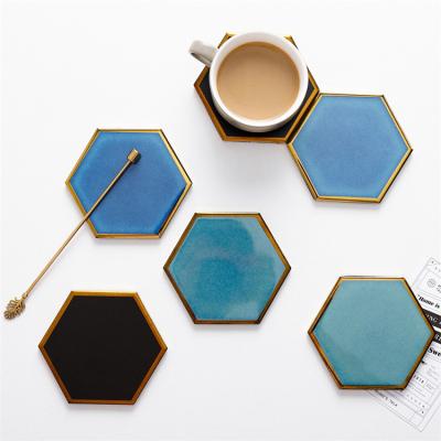 China Sustainable Custom Multiple Color Logo Hexagon Ceramic Coffee Tea Cup Coaster for sale