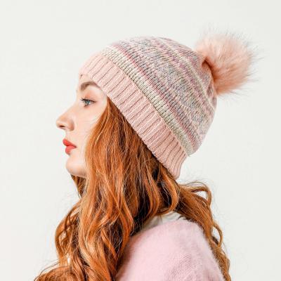 China Women's Winter Hat COMMON Pink Pompom Knitted Beanie Hat Pom Pom Beanie Hats Wholesale for sale