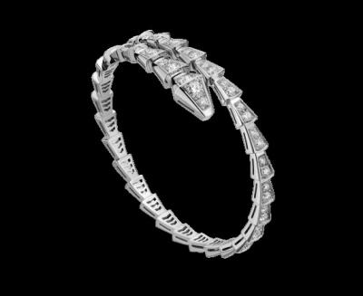 China Bvlgari Serpenti slim bracelet in 18 kt white gold with full pavé diamonds Ref. BR857492 for sale