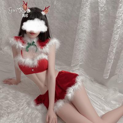 China Sexy Silk Iridescent Christmas Lingerie Set Nightclub Cosplay Nightgown Mesh Sheer Christmas Red Underwear for sale