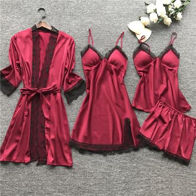 China 2021 New Women's QUICK DRY Pajamas Sets 4 Piece Satin Nightgowns Strap Lace Silk Sleep Lounge Pajamas With Chest Pads for sale