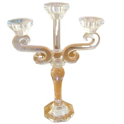 China Vintage 3 Arm Religious Wedding Glass Table Activities Clear Candelabra Crystal Candle Holders With Hanging Crystals for sale