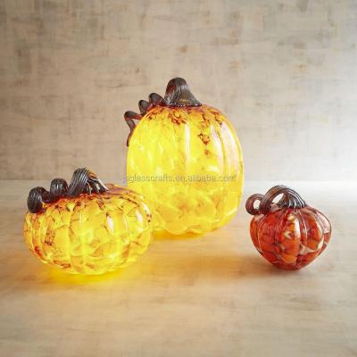 China Orange And Brown Led Pumpkin Glass Art Pumpkin Glass Light Halloween Decoration for sale