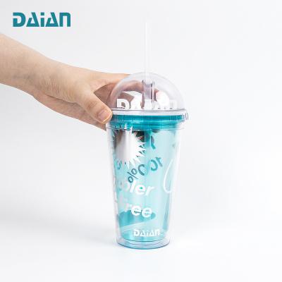 China Viable Hot Sale Toy Dome Lid Double Wall Clear Reusable Cups 16oz Insulated Plastic Tumbler With Straw for sale