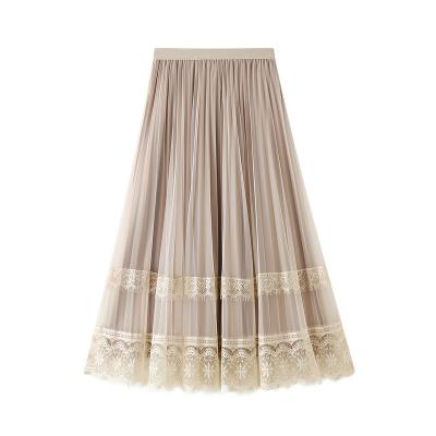 China Gold Breathable Bilateral Lace Mesh Skirt Laides Summer Romantic Pleated Skirt High Waist Slim Gauze Skirt for sale