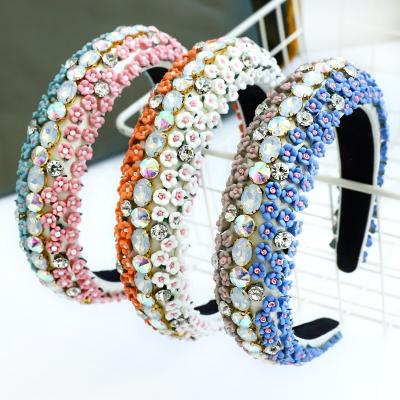 China Two Color Baroque Flower Rhinestone Headbands Hair Bands Sponge Flower Bling Stateent Headbands Fashion Luxury Baroque Elegant Wome for sale